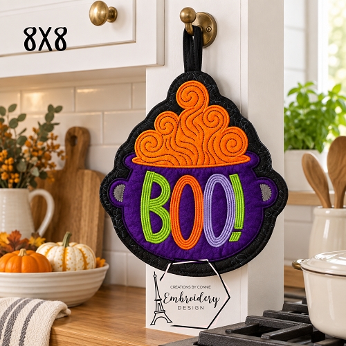 Boo! Cauldron Hot Pad Embroidery Design - 8x8